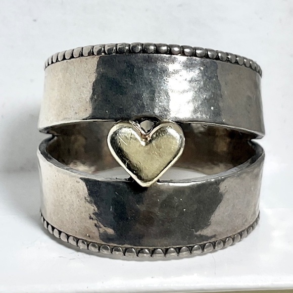 New Handcrafted Sterling Silver Ring Double Cigar Band Gold Center Heart Size 7 - Picture 1 of 11